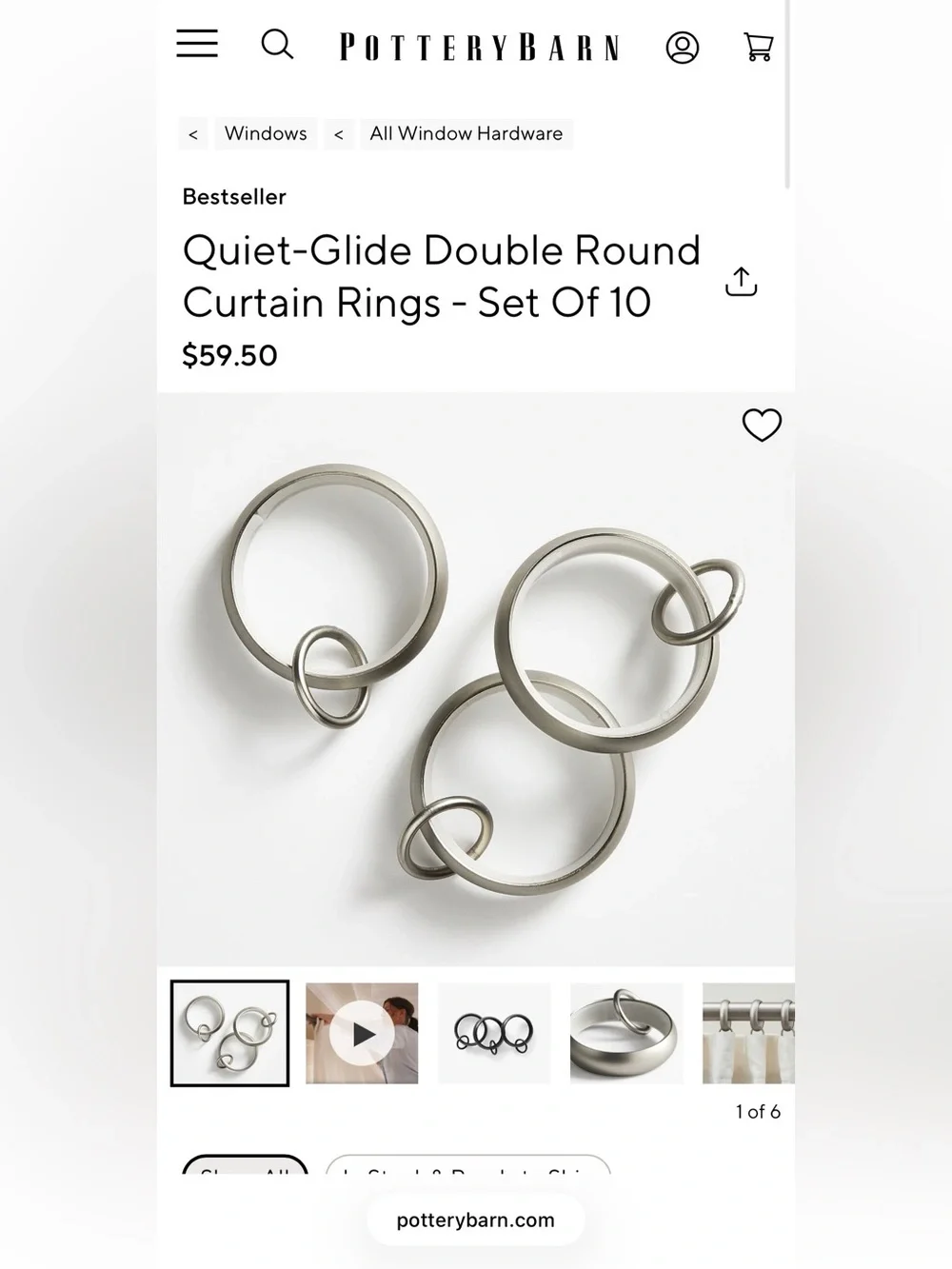 NEW Lot of 10 Quiet-Glide Double Round Curtain Rings Brushed Nickel Pottery Barn